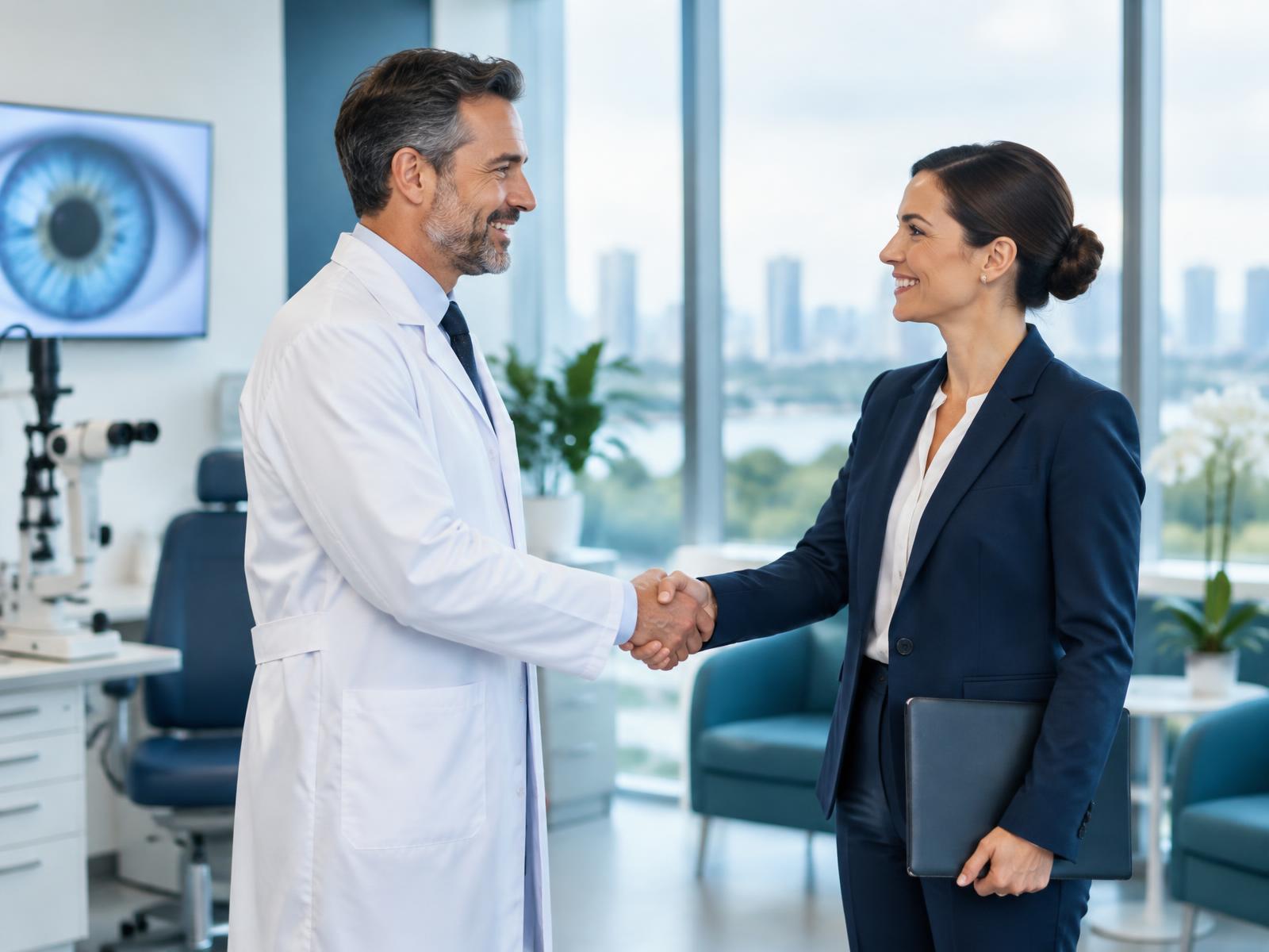 A doctor and an advisor shaking hands in a modern eye care practice